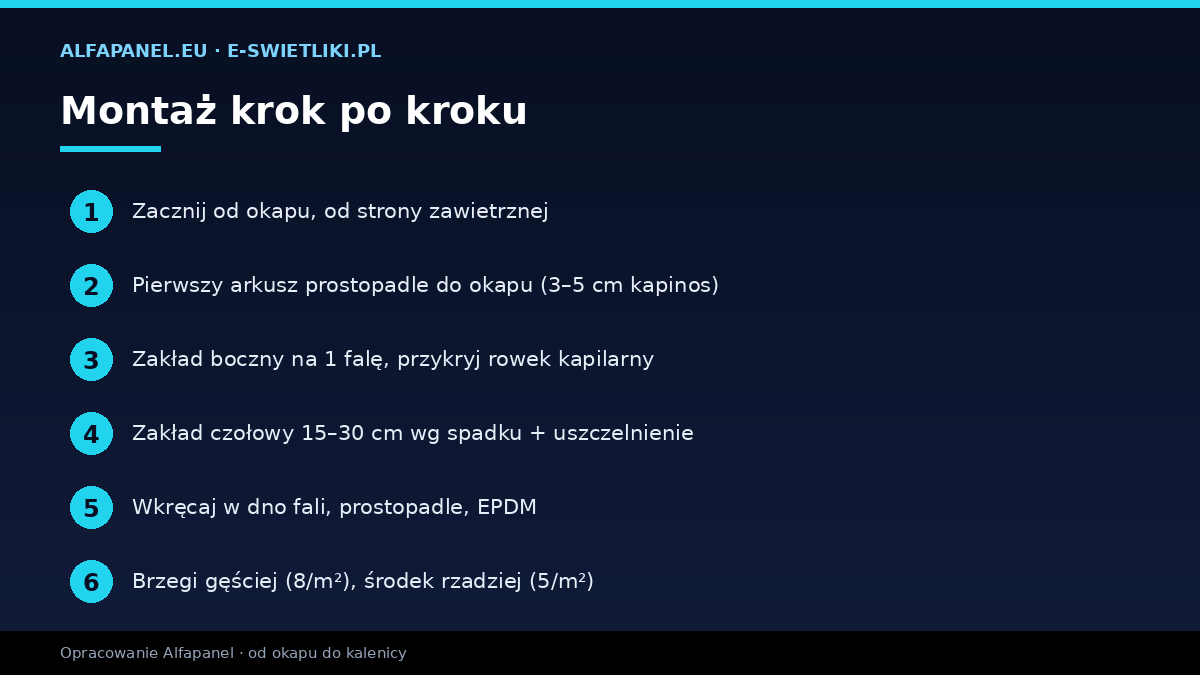 Montaż blachy trapezowej krok po kroku — od okapu, pierwszy arkusz prostopadle, zakłady, wkręty