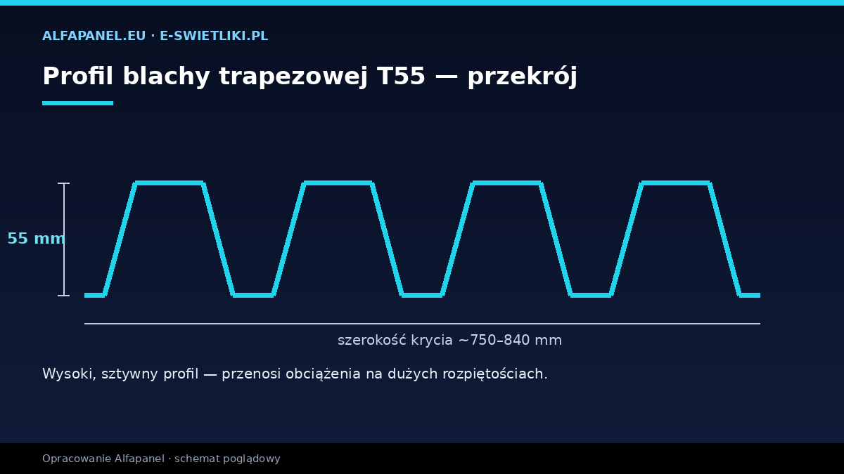 Profil blachy trapezowej T55 — przekrój z wysokością fali 55 mm i szerokością krycia