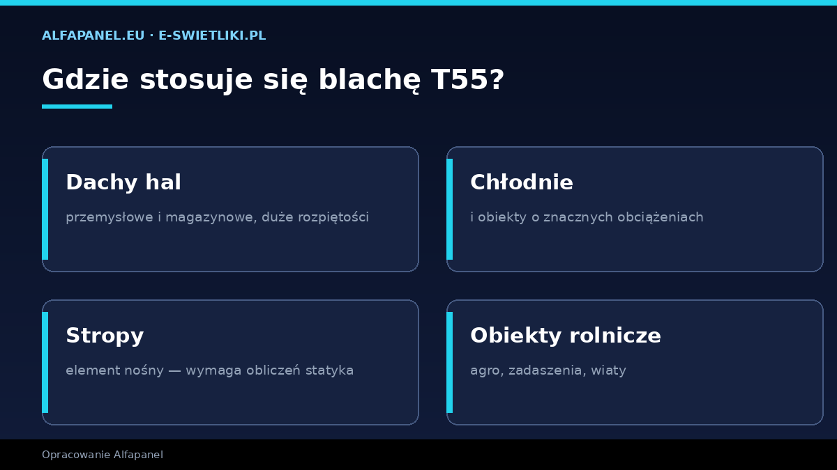 Zastosowania blachy trapezowej T55 — dachy hal, chłodnie, stropy, obiekty rolnicze