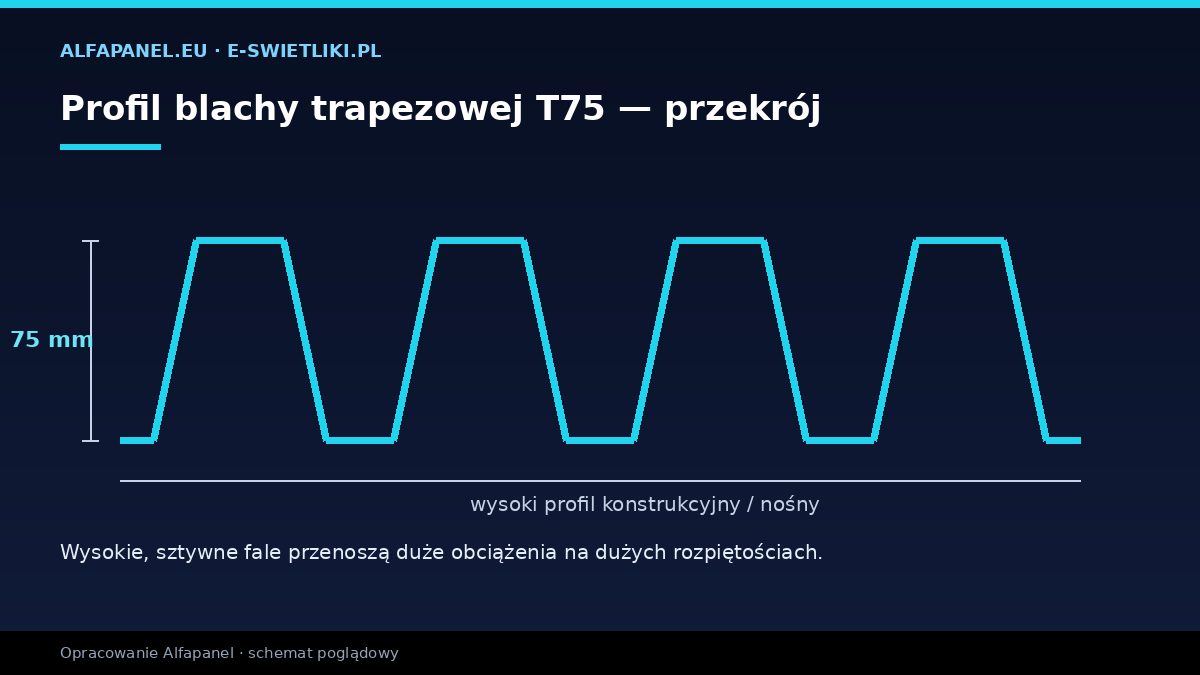 Profil blachy trapezowej T75 — przekrój z wysokością fali 75 mm i szerokością krycia
