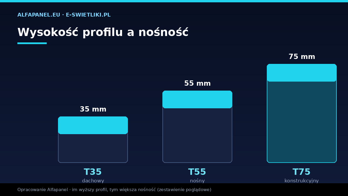 Porównanie profili blachy trapezowej T35, T55, T75 — wysokość fali i nośność