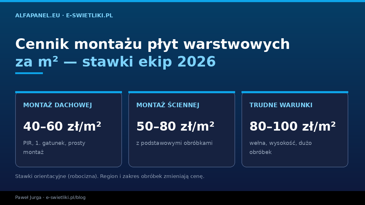 Cennik montażu płyt warstwowych za m² 2026 — stawki ekip: dach 40-60 zł, ściana 50-80 zł, trudne warunki 80-100 zł