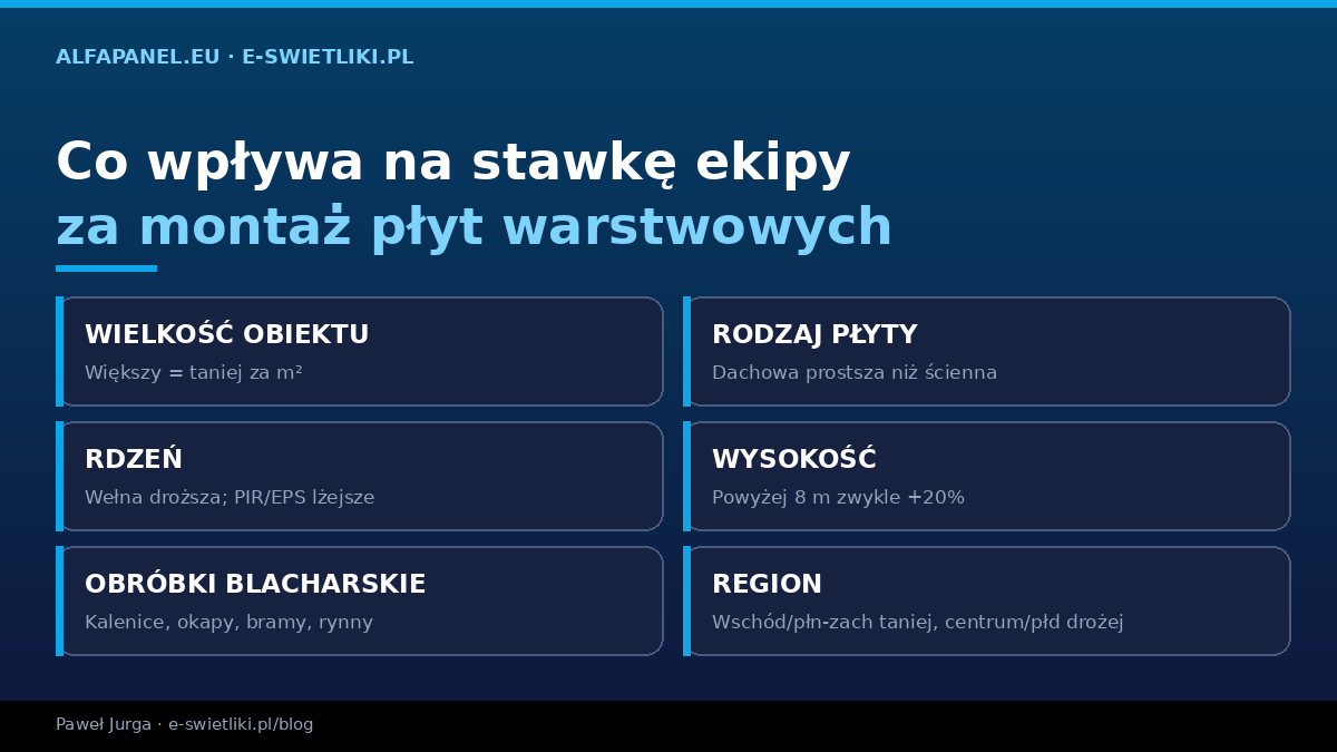 Co wpływa na cenę montażu płyt warstwowych za m² — wielkość obiektu, rodzaj płyty, rdzeń, wysokość, obróbki blacharskie, region
