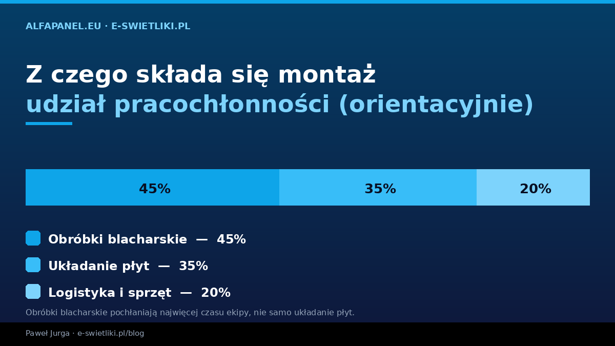 Z czego składa się koszt montażu płyt warstwowych — udział pracochłonności: obróbki blacharskie 45%, układanie płyt 35%, logistyka 20%