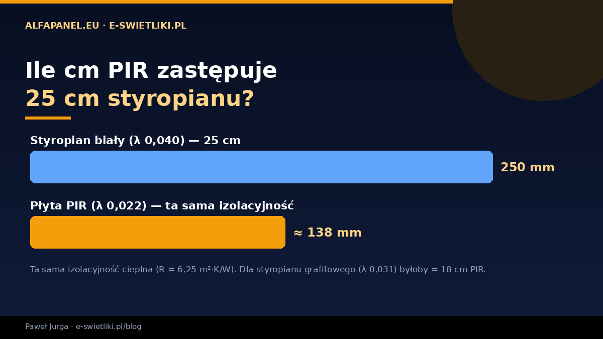 Ile cm PIR zastępuje 25 cm styropianu — porównanie grubości: 25 cm białego EPS odpowiada ok. 14 cm płyty PIR