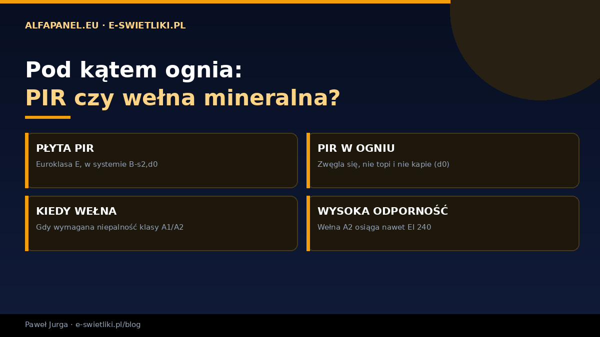 PIR czy wełna mineralna pod kątem ognia — PIR Euroklasa E i B-s2,d0 zwęgla się i nie kapie, wełna niepalna A2 nawet EI 240