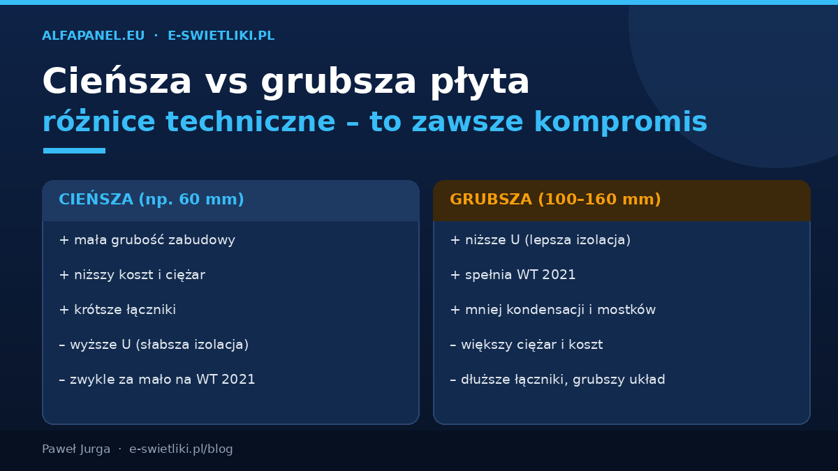 Różnice techniczne cienkiej i grubszej płyty PIR: grubsza obniża U, spełnia WT 2021, ogranicza kondensację i mostki, ale jest cięższa, droższa i wymaga dłuższych łączników