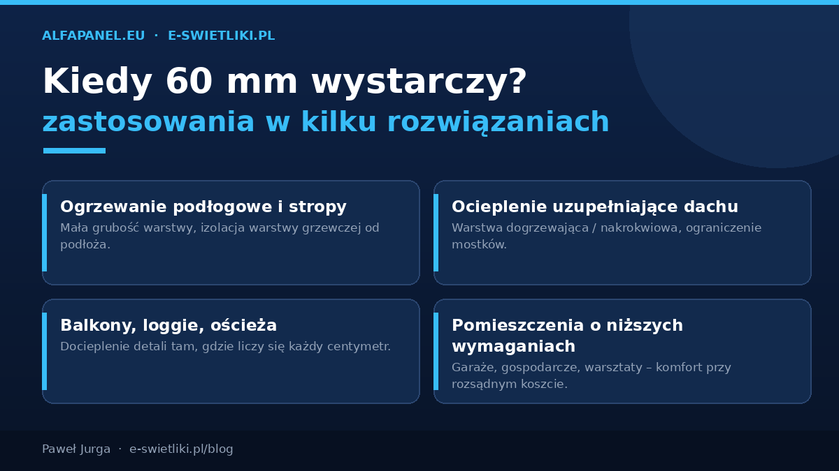Zastosowania płyty PIR 60 mm: ogrzewanie podłogowe i stropy, ocieplenie uzupełniające dachu, balkony i ościeża, pomieszczenia o niższych wymaganiach