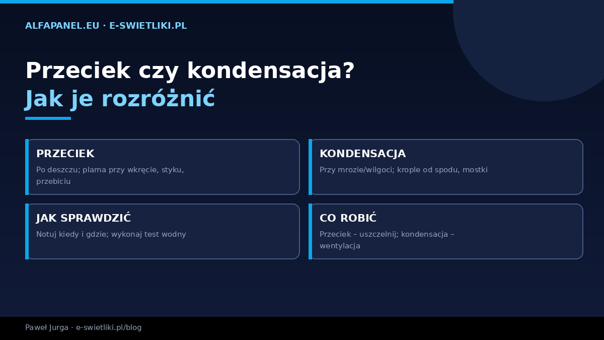 Przeciek czy kondensacja na dachu z płyt warstwowych — jak rozróżnić: przeciek po deszczu przy wkręcie, kondensacja przy mrozie i wilgoci od spodu