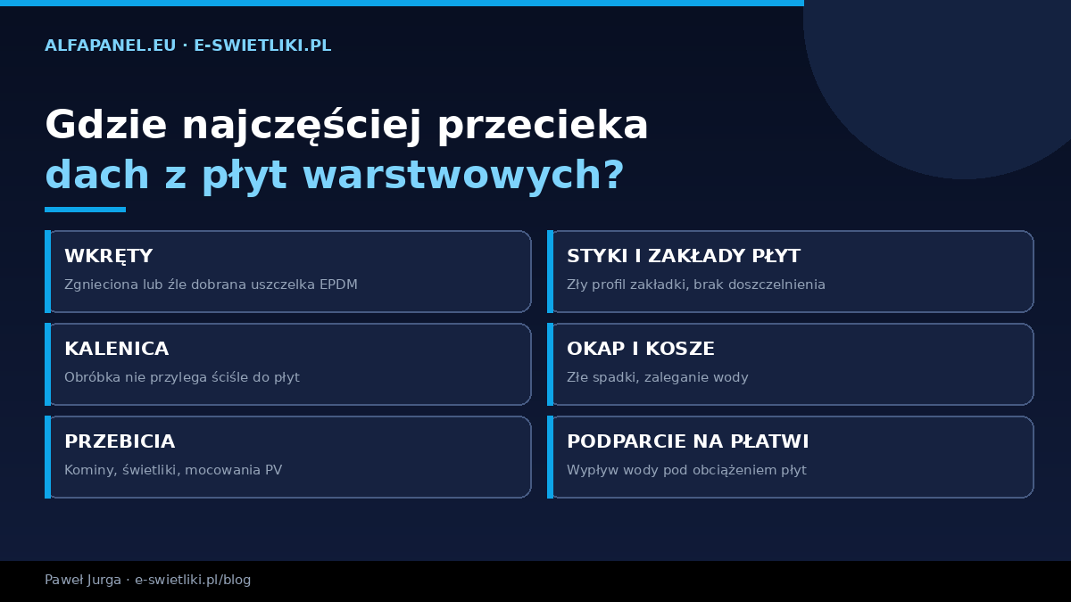 Gdzie najczęściej przecieka dach z płyt warstwowych — wkręty, styki i zakłady płyt, kalenica, okap i kosze, przebicia, podparcie na płatwi