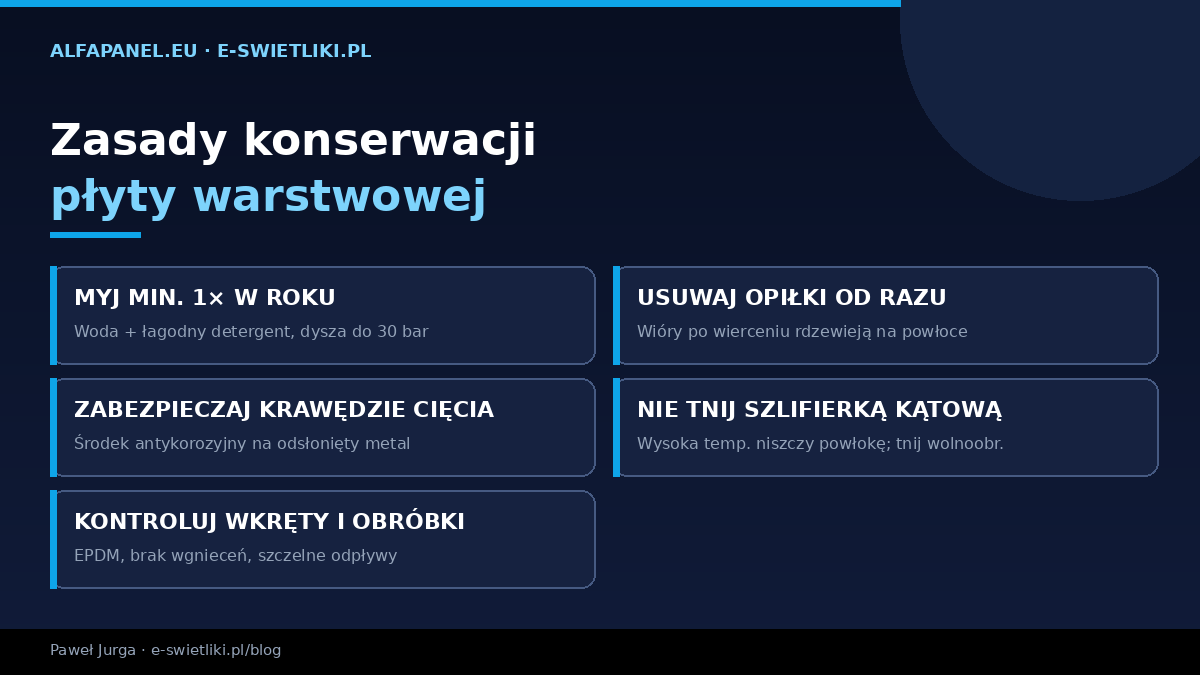 Zasady konserwacji płyty warstwowej – mycie min. raz w roku do 30 bar, zabezpieczanie krawędzi cięcia, usuwanie opiłków, kontrola wkrętów i obróbek