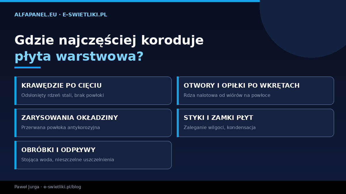 Gdzie najczęściej koroduje płyta warstwowa – krawędzie po cięciu, opiłki przy wkrętach, zarysowania okładziny, styki i obróbki