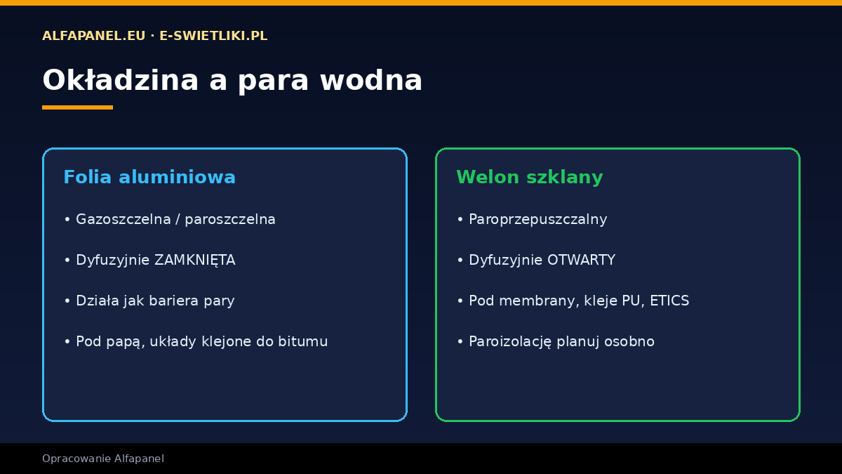 Płyta PIR — okładzina aluminiowa paroszczelna vs welon szklany paroprzepuszczalny
