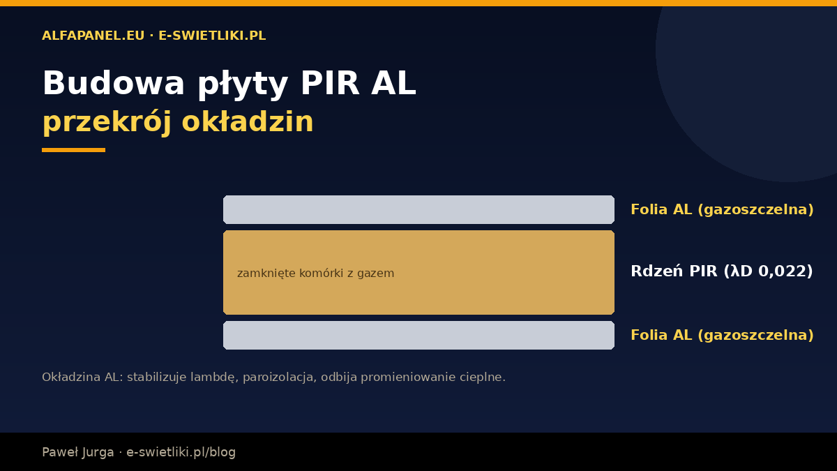 Budowa płyty PIR AL – gazoszczelna folia aluminiowa (Al/papier/PE) na obu stronach rdzenia poliizocyjanurowego
