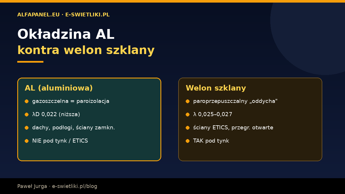 Okładzina AL vs welon szklany – AL gazoszczelna paroizolacyjna λ 0,022, welon paroprzepuszczalny λ 0,025–0,027 pod tynk ETICS