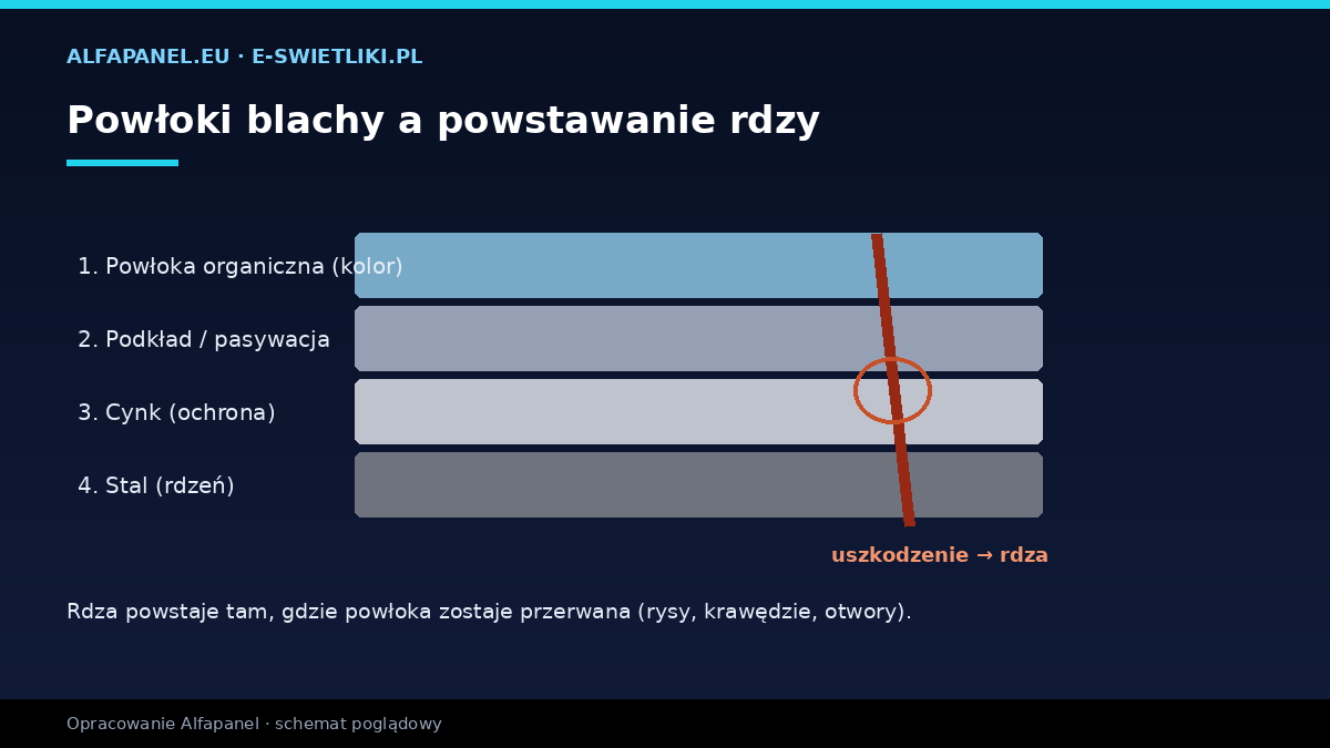 Powłoki blachy trapezowej — stal, cynk, podkład, powłoka; rdza w miejscu uszkodzenia