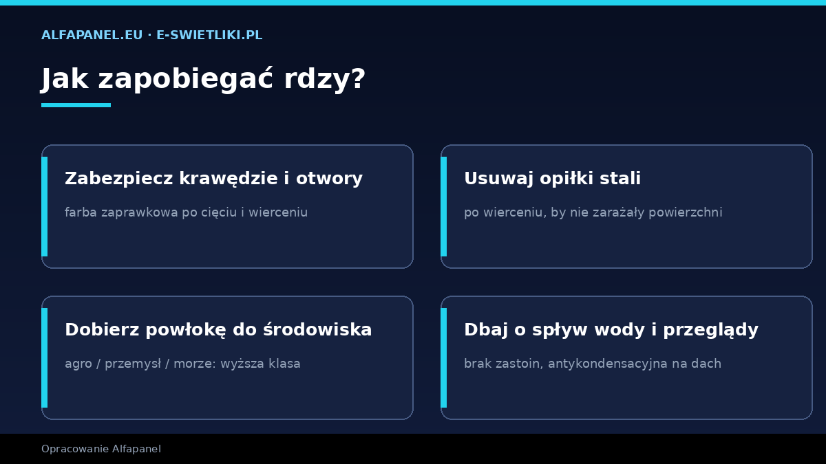 Jak zabezpieczyć blachę trapezową przed rdzą — krawędzie, wióry, powłoka, spływ wody, przeglądy