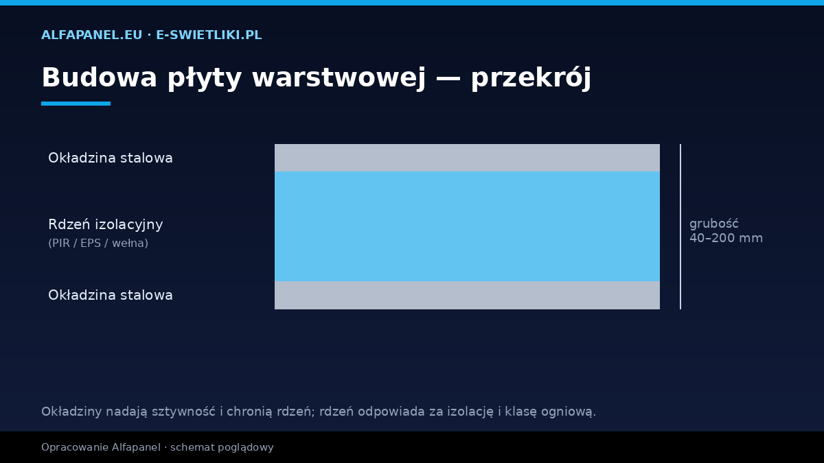 Budowa płyty warstwowej — przekrój: okładzina stalowa, rdzeń izolacyjny, okładzina stalowa