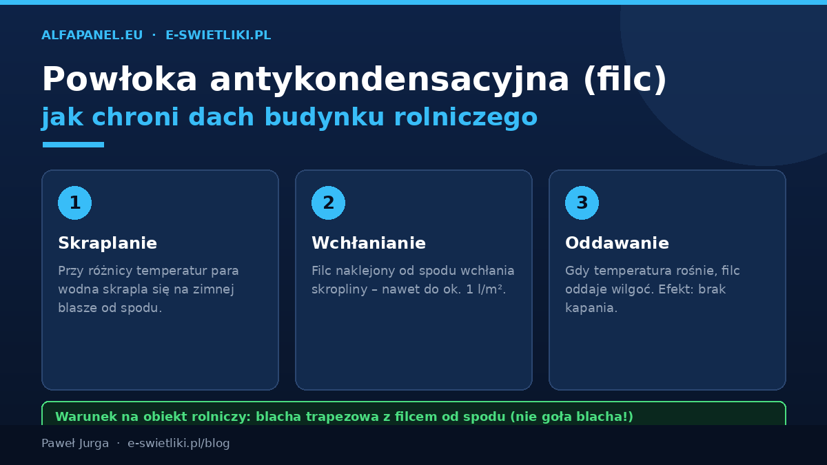 Jak działa powłoka antykondensacyjna (filc) na blasze trapezowej: wchłania skropliny do około 1 l/m² i oddaje je przy wzroście temperatury, brak kapania