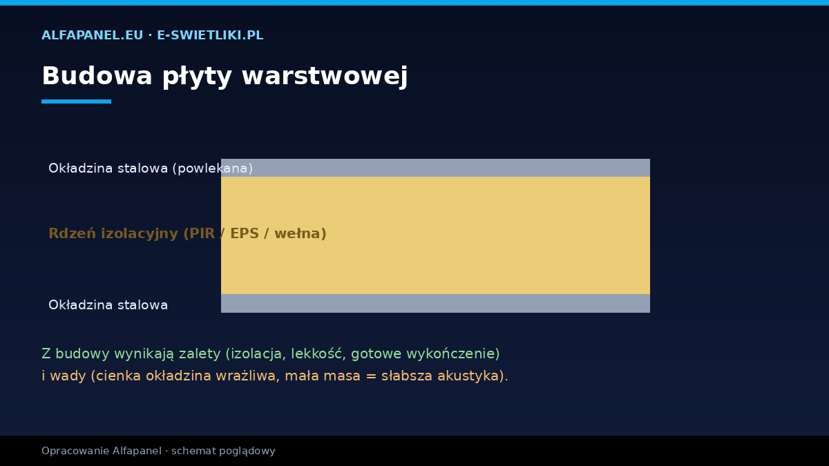 Budowa płyty warstwowej — dwie okładziny stalowe i rdzeń izolacyjny (źródło zalet i wad)