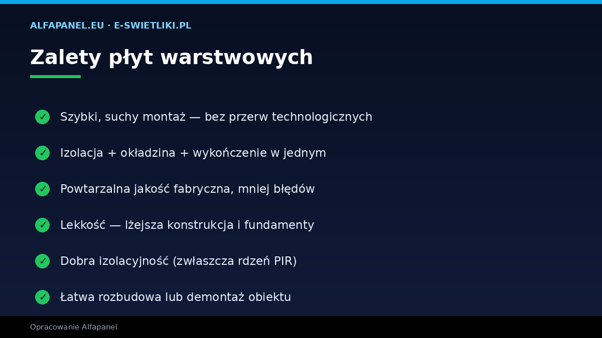 Zalety płyt warstwowych — szybki montaż, izolacja, lekkość, jakość fabryczna, rozbudowa