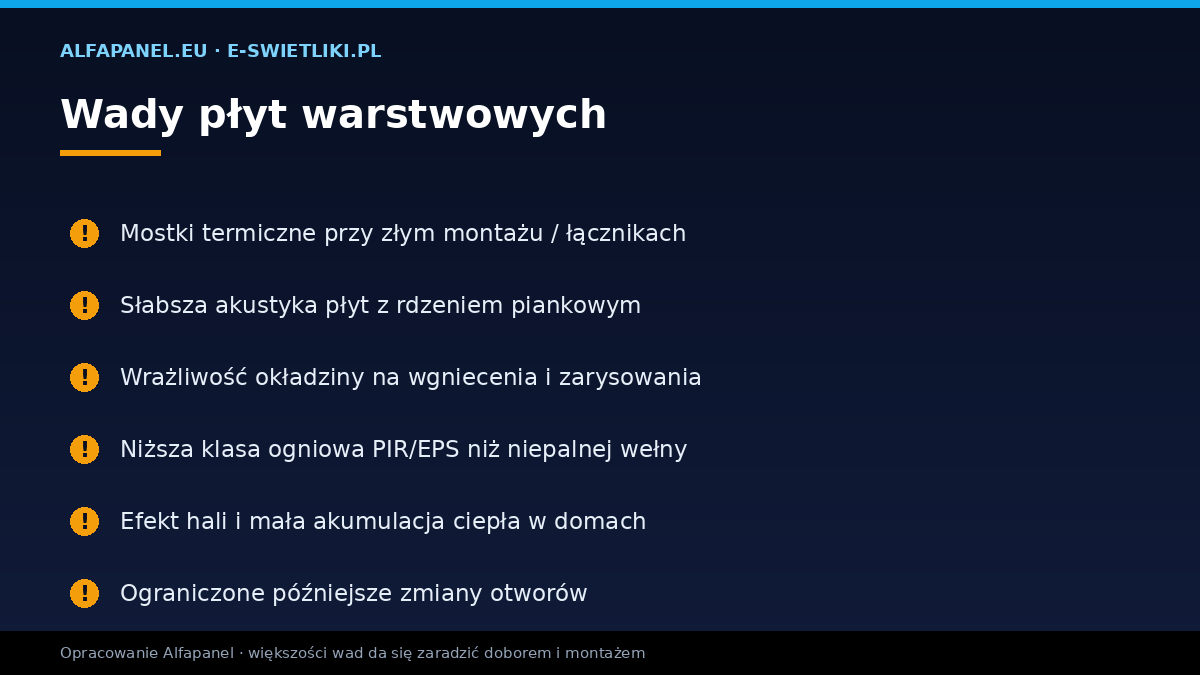 Wady płyt warstwowych — mostki termiczne, akustyka, wrażliwość okładziny, klasa ogniowa pianek